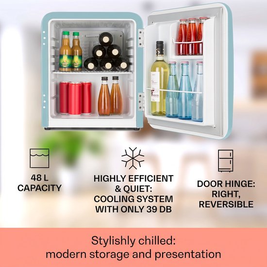 Klarstein Minibar minikoelkast voor kamers, 48 ​​liter minikoelkast voor drankjes en cosmetica, kleine , kleine en stille koelkast, verstelbaar schap, kleine huidverzorgingskoelkast 0-10 °C - Mini Koelkast - 48L - Mini Fridge van Klarstein — afbeelding 4