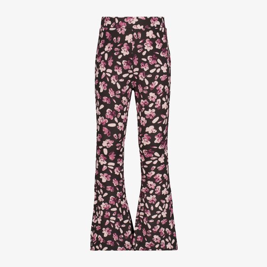 Zwarte flared meisjesbroek met een roze bloemenprint.