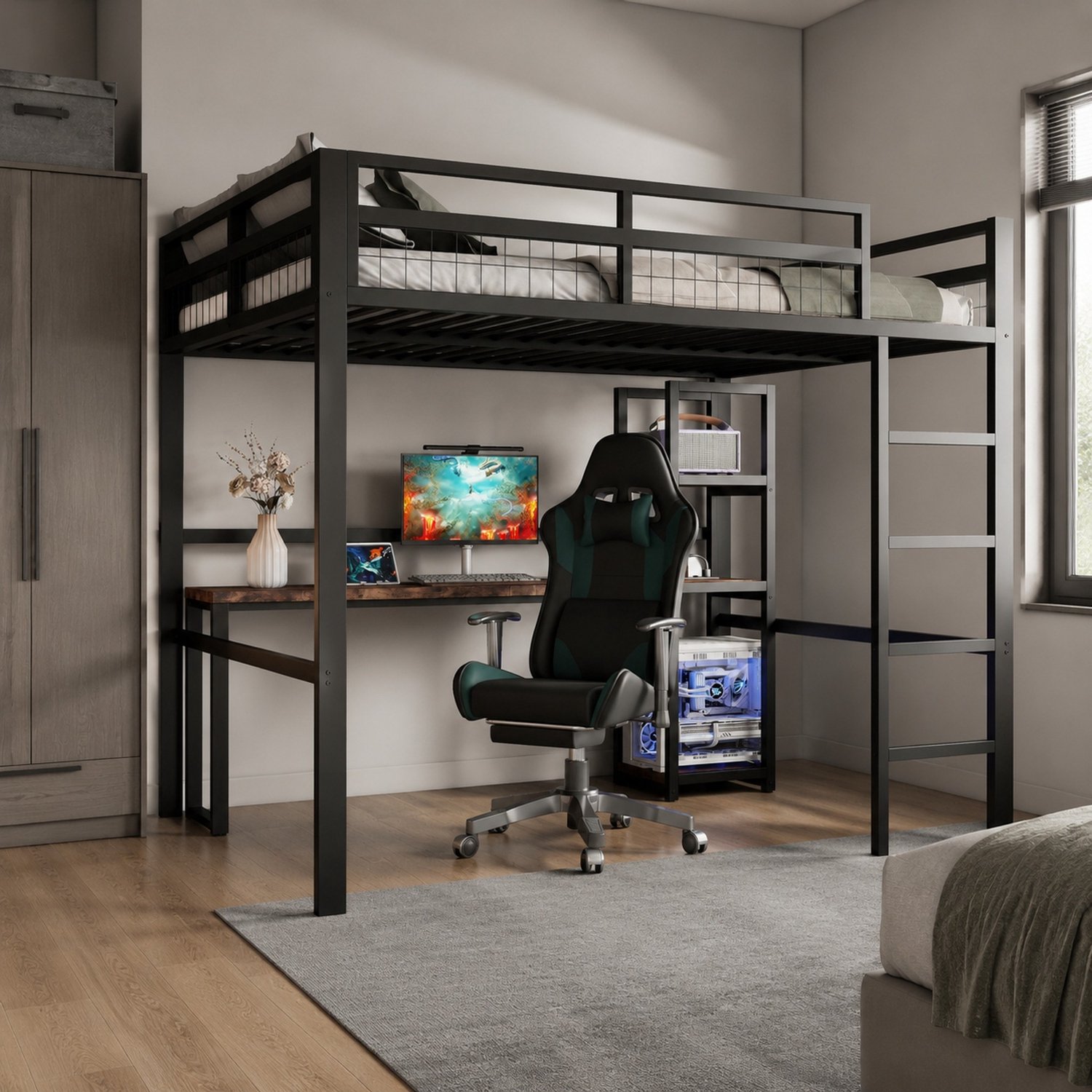 Maisentiel Hoogslaper 140 x 200 cm met bureau, planken en stopcontacten - zwart