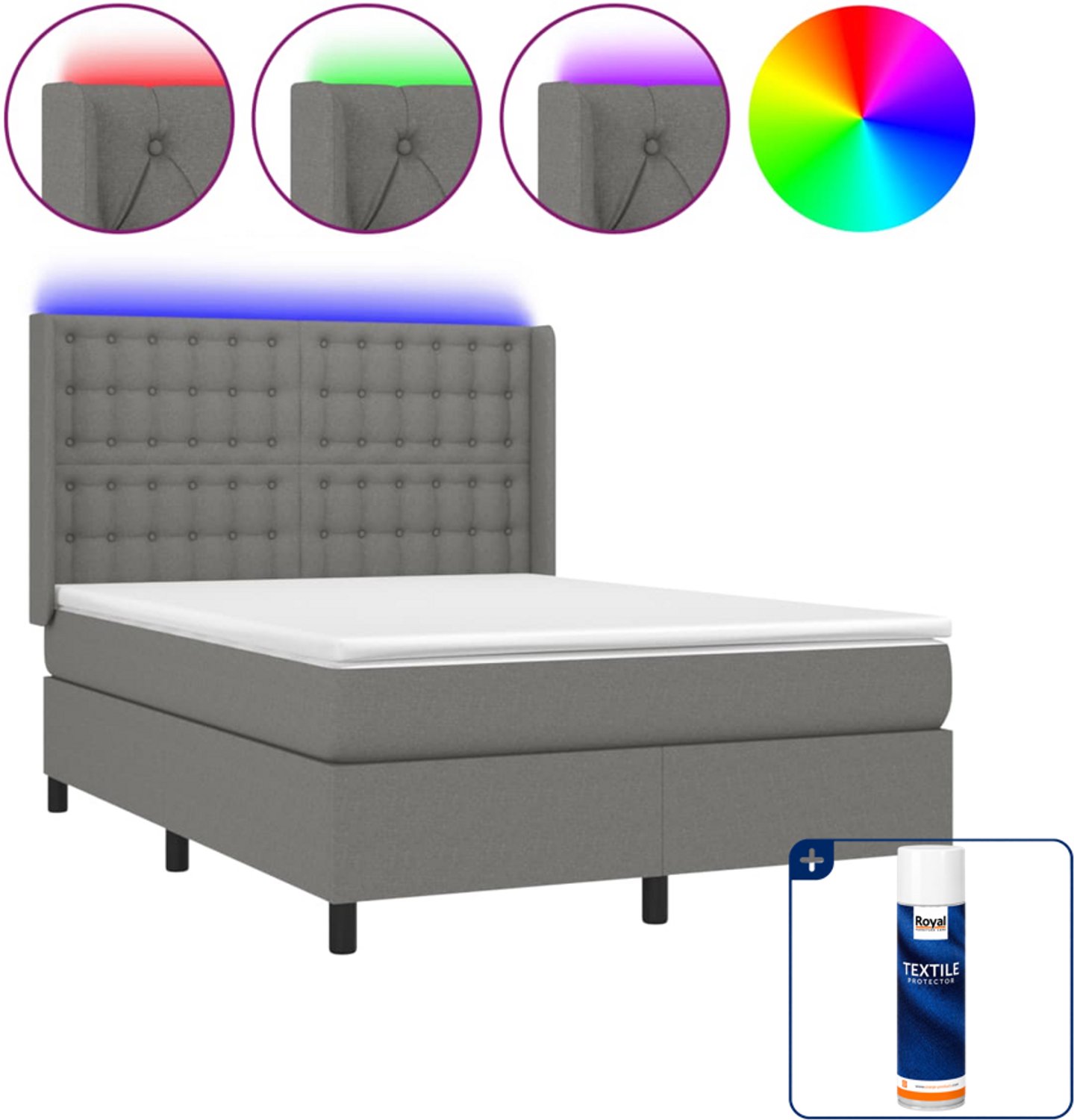 vidaXL boxspring met matras en LED - Small double - 140x200 cm - Inclusief textielbeschermer 500 ml Grijs