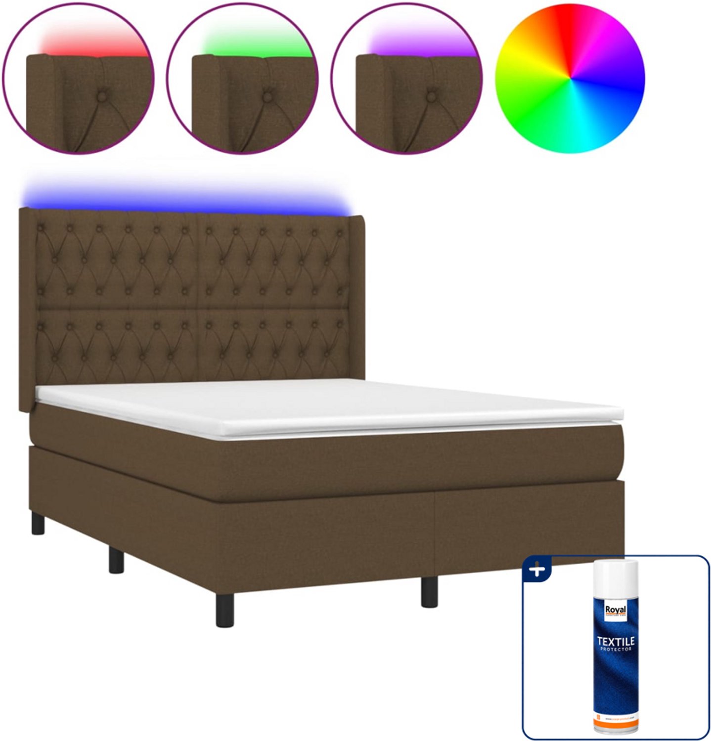 vidaXL boxspring met matras en led - 140 x 190 cm - donkerbruin - Inclusief textielbeschermer 500 ml
