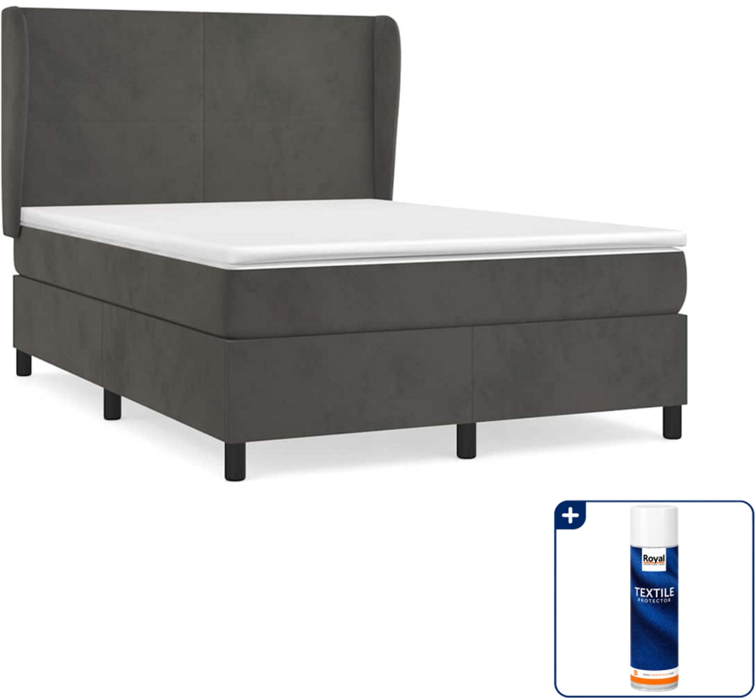 vidaXL boxspring met matras 140 x 190 cm - fluweel - donkergrijs - Inclusief textielbeschermer 500 ml
