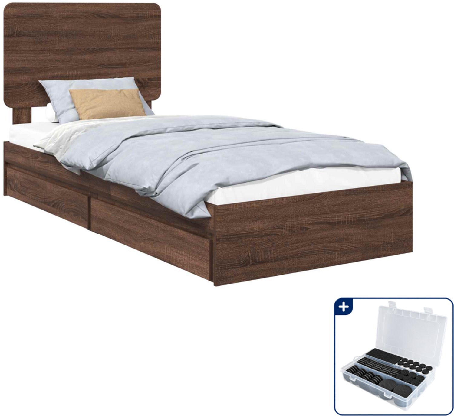 vidaXL bedframe - 75 x 190 cm - bewerkt hout - bruin eiken - Inclusief antikrasvilt 177-delig