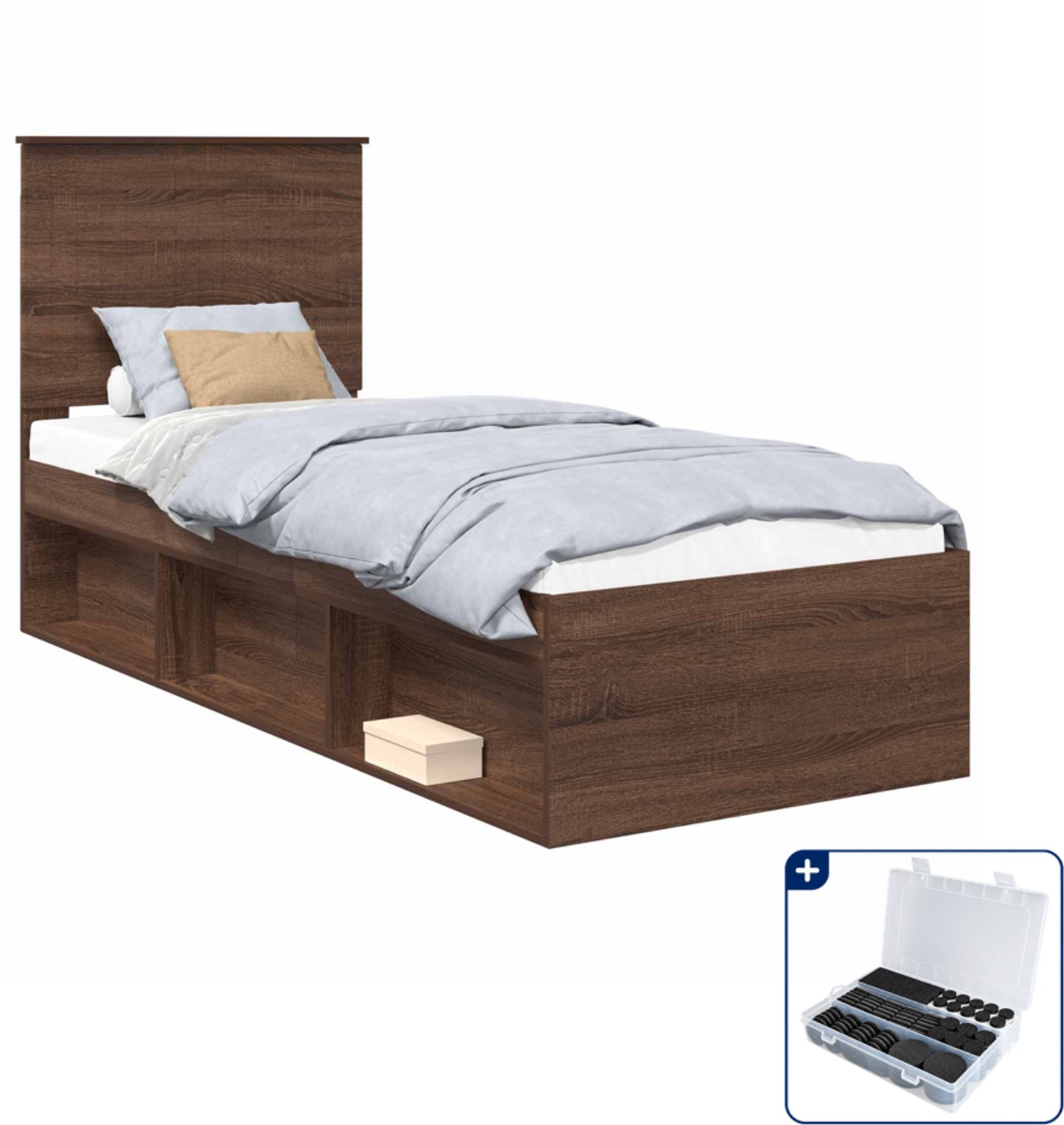 vidaXL bedframe - 75 x 190 cm - bewerkt hout - bruin eiken - Inclusief antikrasvilt 177-delig Zwart