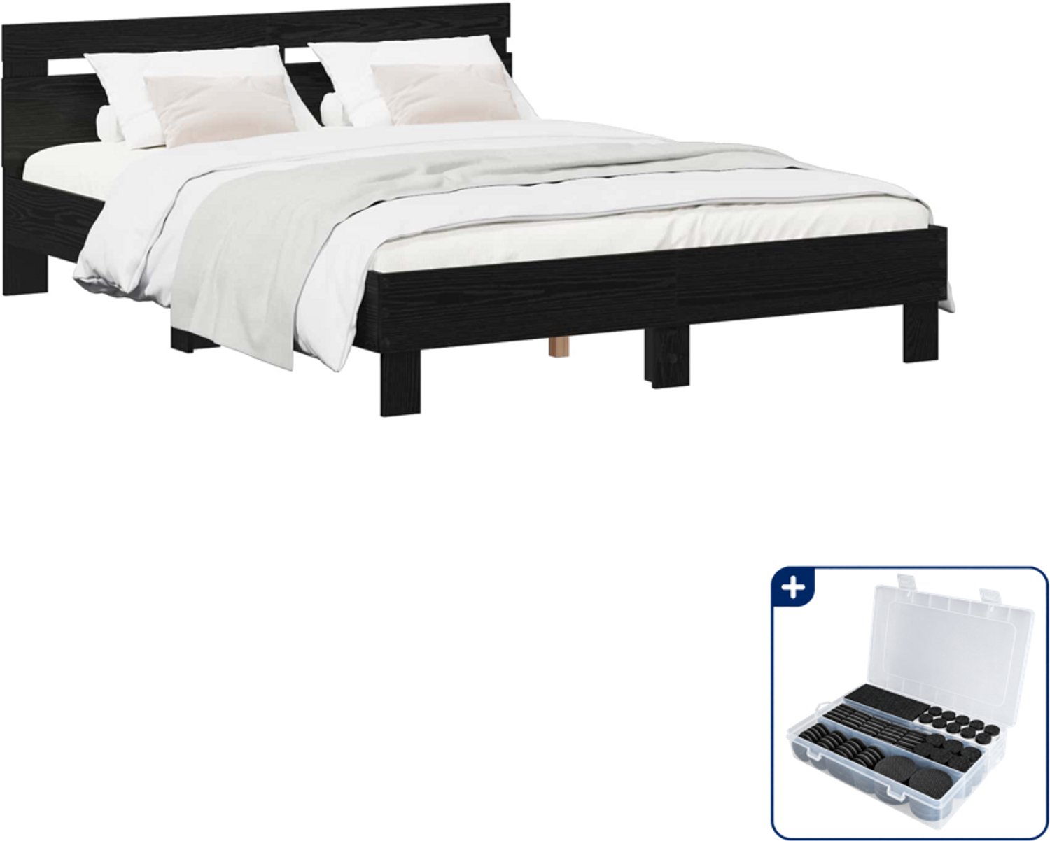 vidaXL Bedframe - 120 x 190 cm - bewerkt hout - zwart eiken - Inclusief antikrasvilt 177-delig