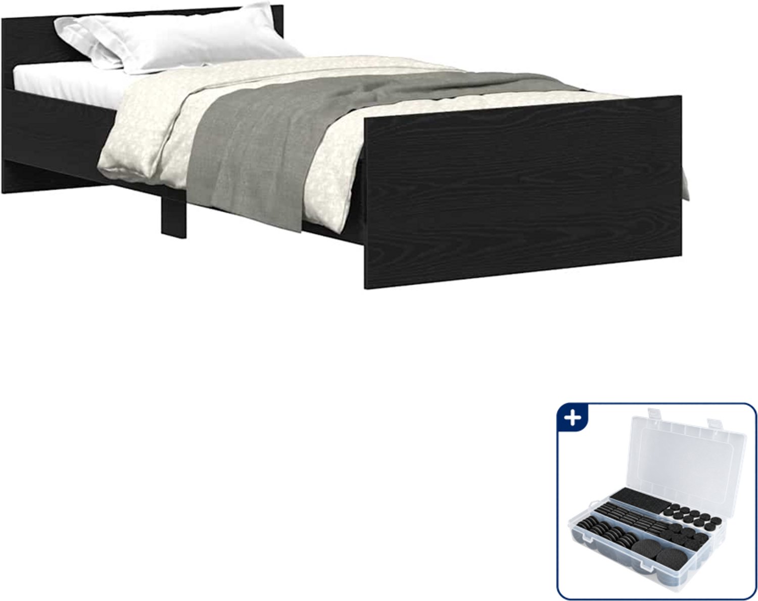 vidaXL bedframe - 90 x 190 cm - bewerkt hout - zwart eikenkleurig - Inclusief antikrasvilt 177-delig