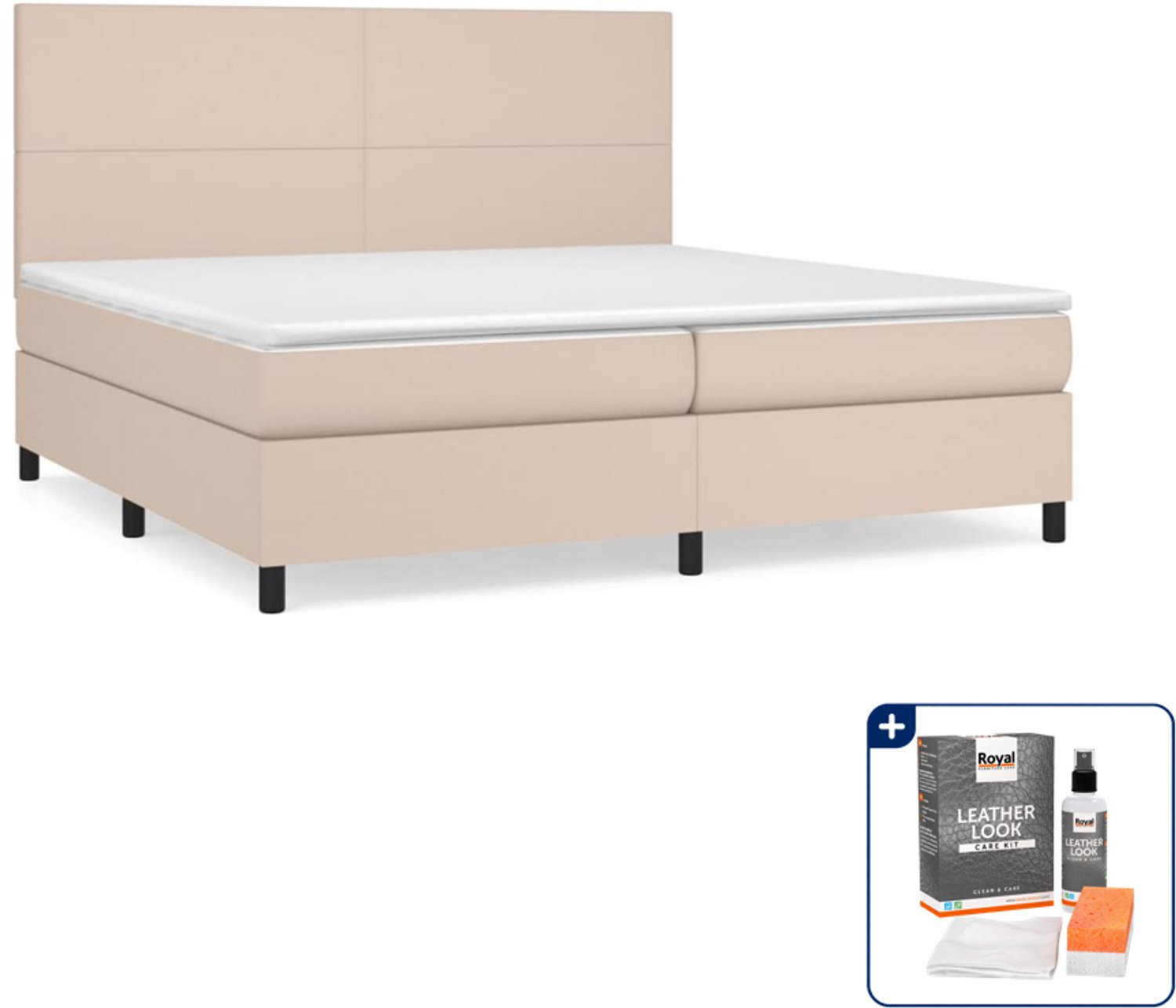 vidaXL boxspring met matras - Super kingsize - 200 x 200 cm - cappuccino - Inclusief onderhoudsset voor kunstleer 150 ml Bruin