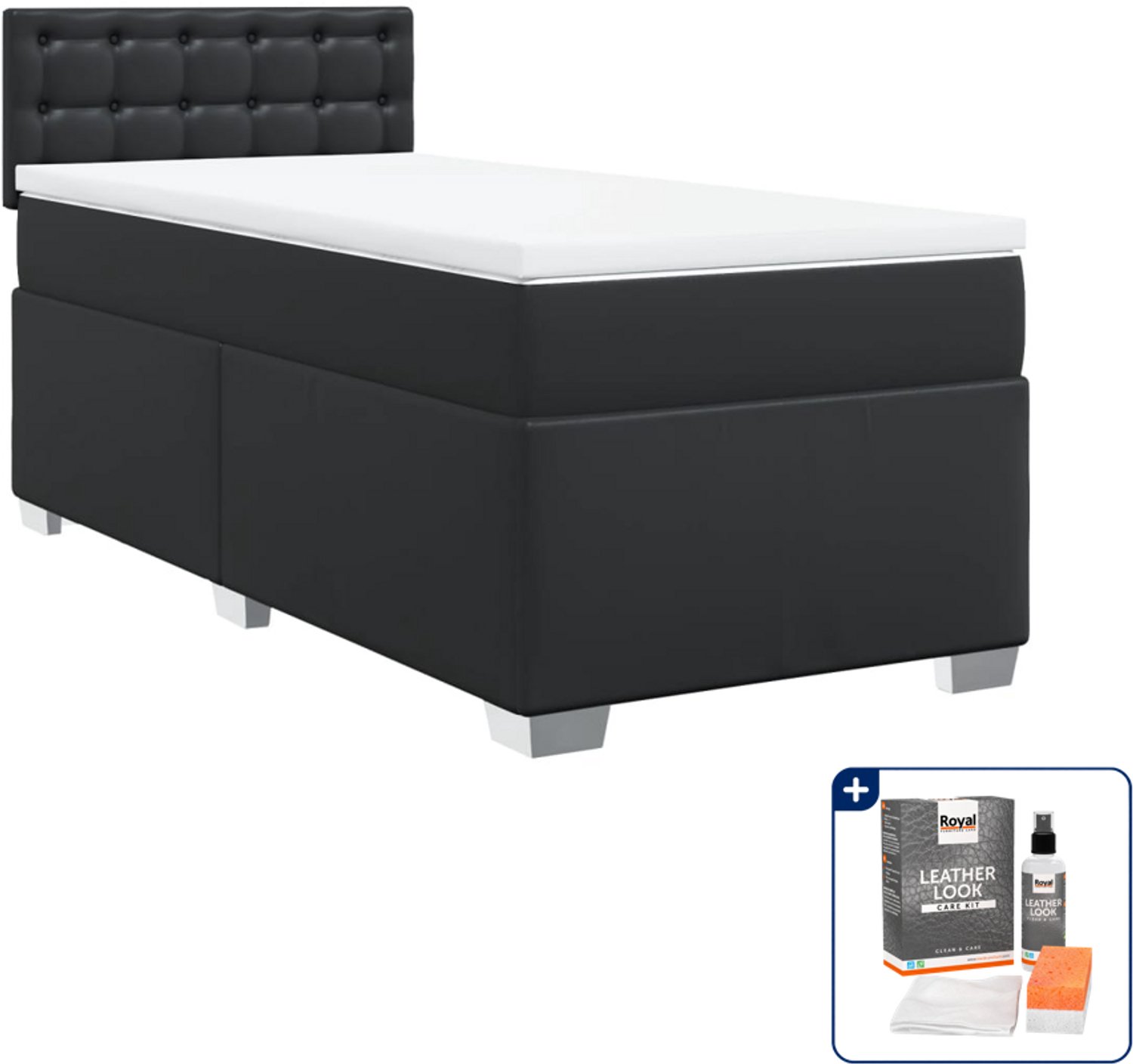 vidaXL boxspring met matras 100 x 200 cm - kunstleer - zwart - Inclusief onderhoudsset voor kunstleer 150 ml
