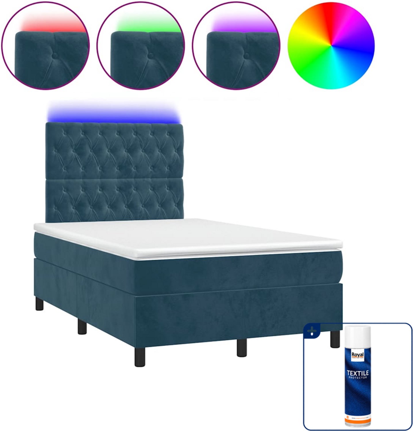 vidaXL boxspring met matras en LED - 120 x 190 cm - fluweel - donkerblauw - Inclusief textielbeschermer 500 ml