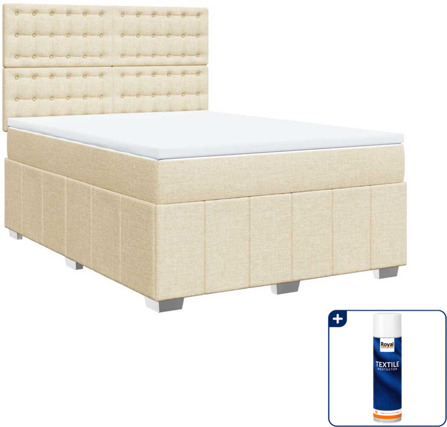 vidaXL boxspring met matras 140 x 190 cm - stof - crèmekleurig - Inclusief textielbeschermer 500 ml