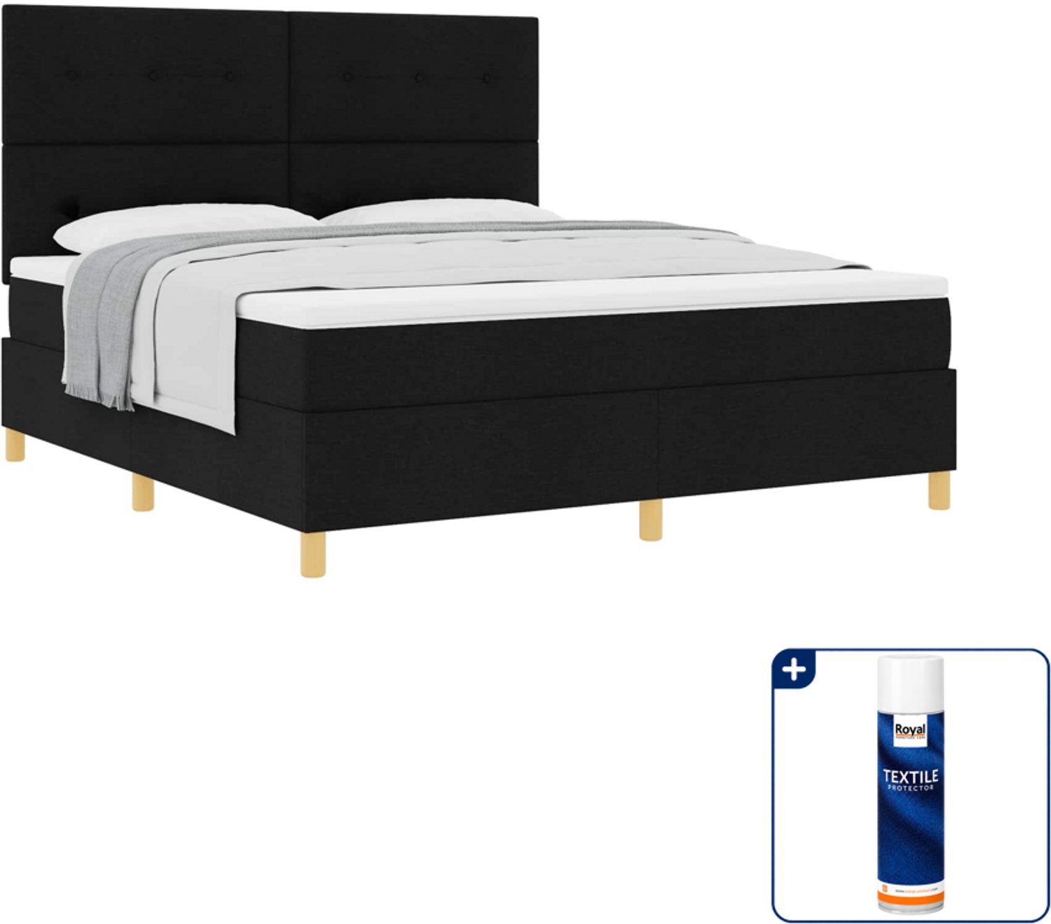 vidaXL Kingsize boxspringbed 180 x 200 cm - stof - zwart - Inclusief textielbeschermer 500 ml