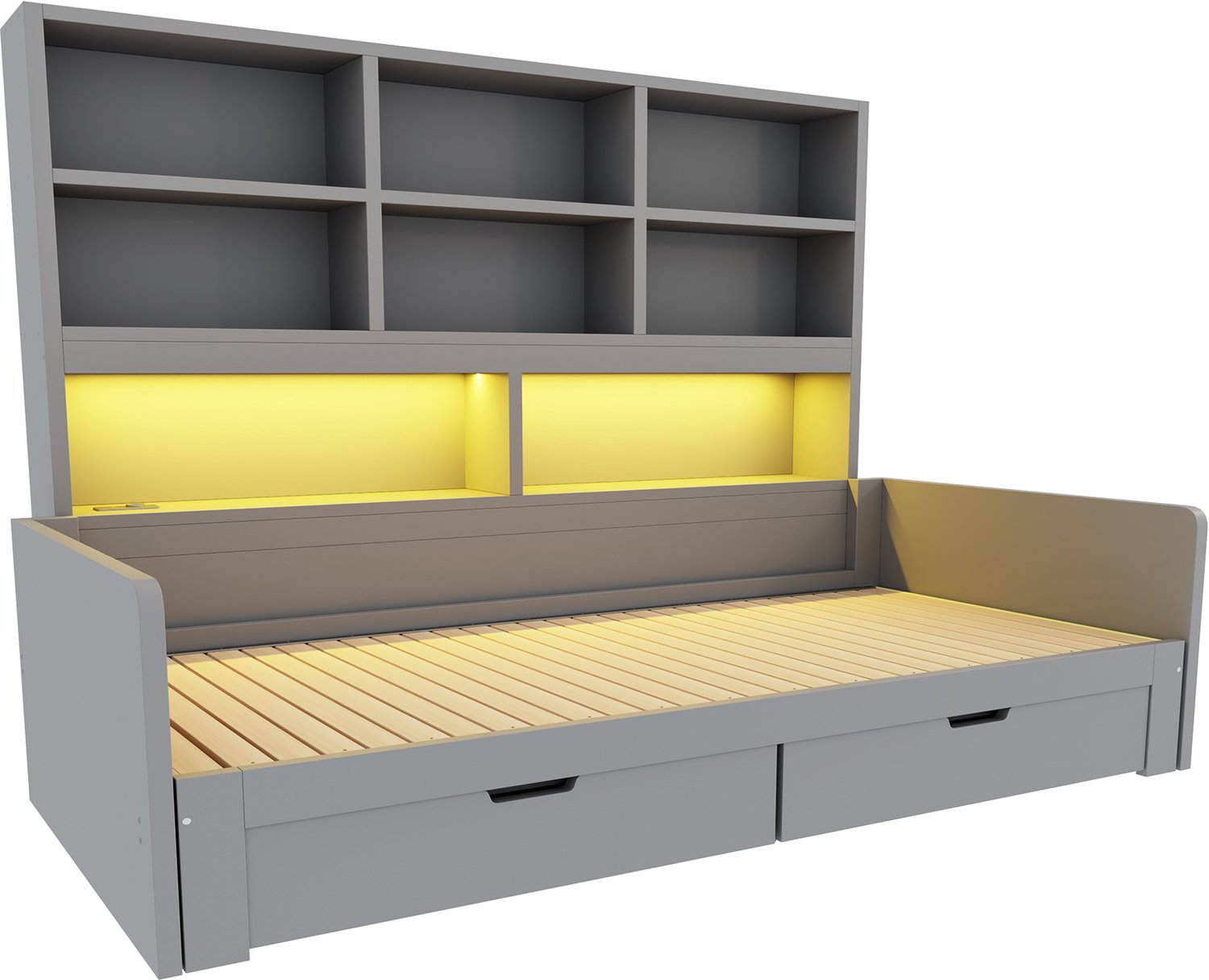 MUVANO Uitschuifbaar bed van 90x200 naar 180x200 cm - Slaapbank van MDF - Met opbergvakken, lades, ledverlichting en stopcontacten - Grijs