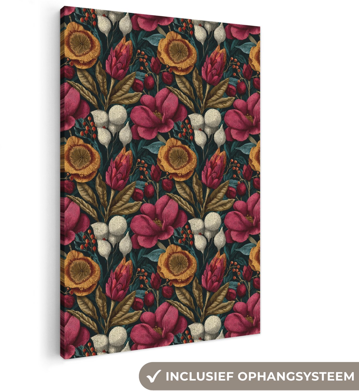 Canvas schilderij 100x150 cm - Exclusieve wanddecoratie Bloemen - Patroon - Rood - Goud - Muurdecoratie woonkamer - Slaapkamer decoratie - Kamer accessoires - Schilderijen op canvas groot XXL