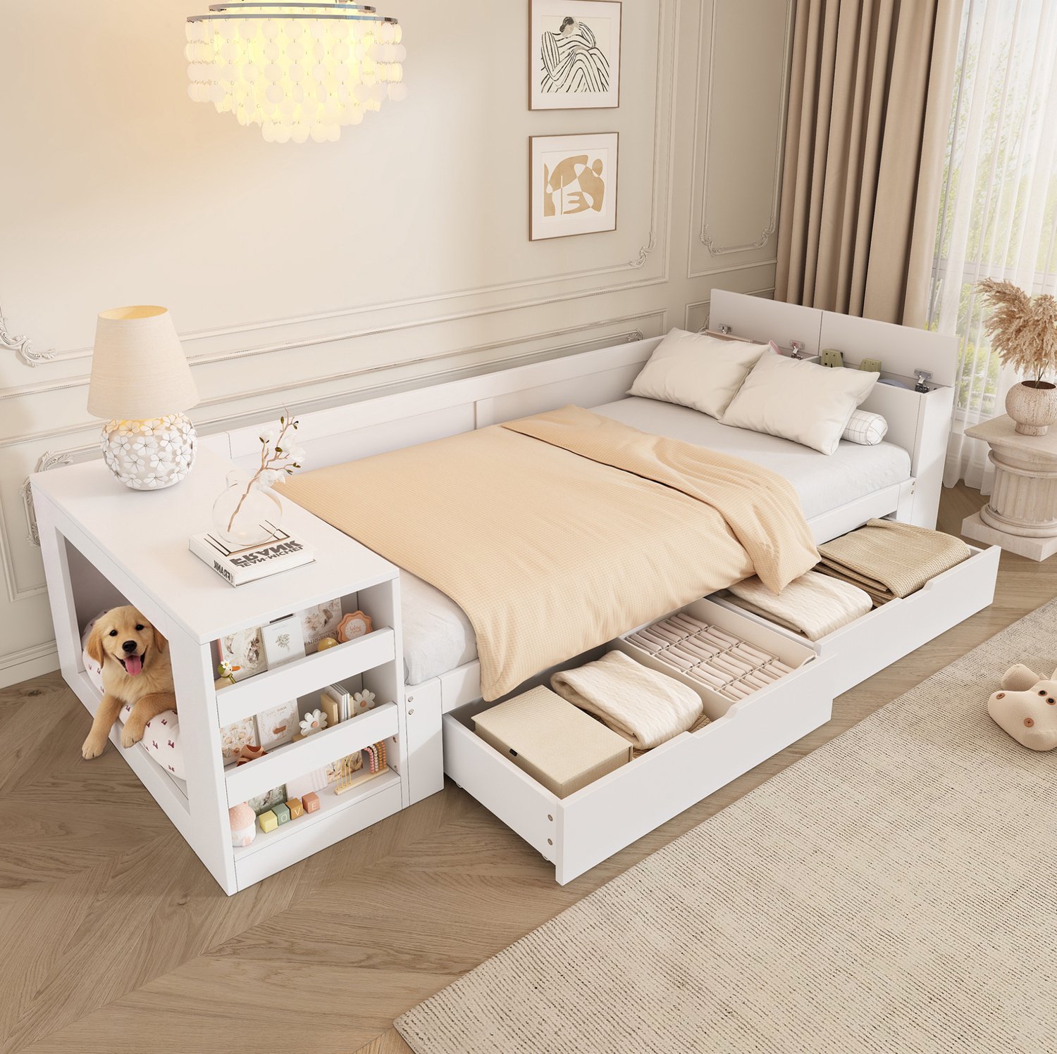 STILVORA Eenpersoonsbed 90x200 cm – Met Twee Lades – Huisdierenrustplek en Zijrek – Opbergruimte in Hoofdbord – Hout en MDF – Zonder Matras – Wit