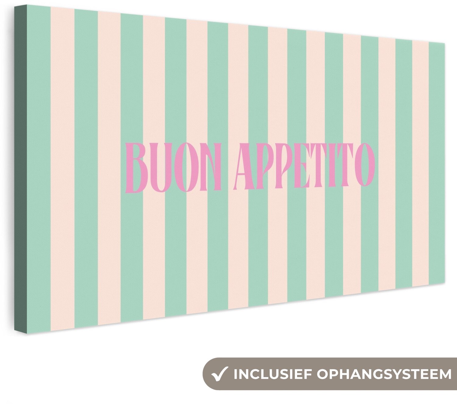 Canvas schilderij 100x50 cm - Exclusieve wanddecoratie Roze - Groen - Strepen - Buon appetito - Muurdecoratie woonkamer - Slaapkamer decoratie - Kamer accessoires - Schilderijen op canvas groot XXL