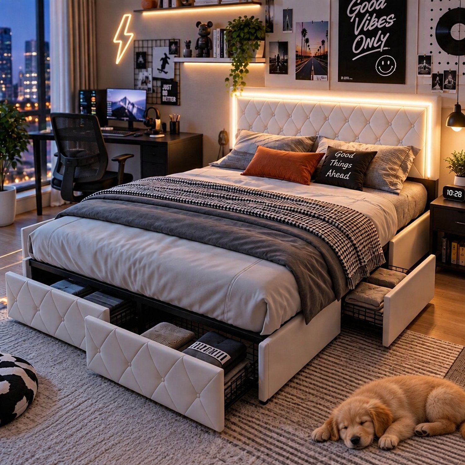 Mofor Gestoffeerd opbergbed 160x200 cm met 4 lades en lattenbodem - tweepersoonsbed met RGB LED-verlichting - kunstleren bekleding - beige