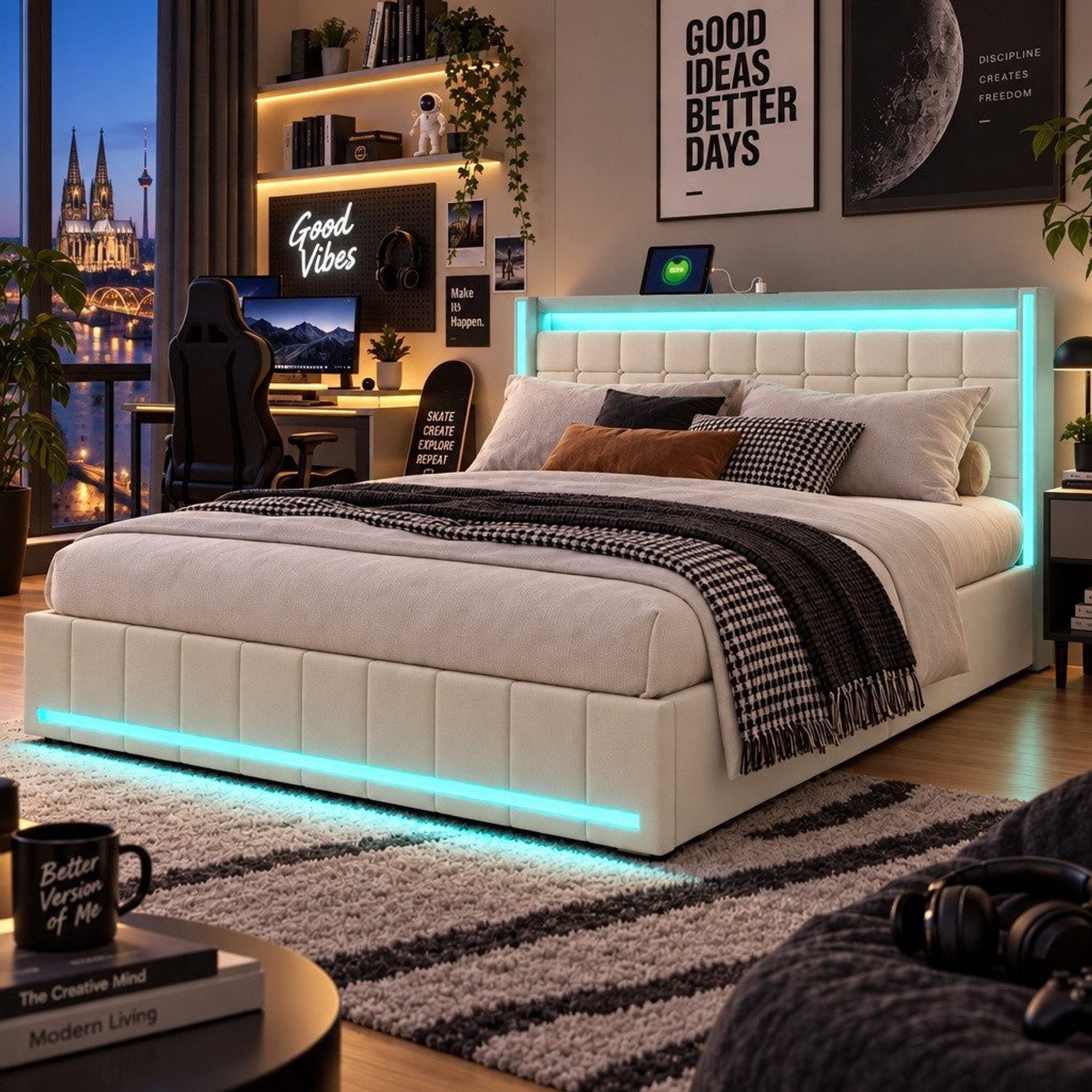 Mofor Gestoffeerd opbergbed 160x200 cm met 4 lades en lattenbodem - RGB LED-verlichting en USB-poorten - linnen bekleding - beige