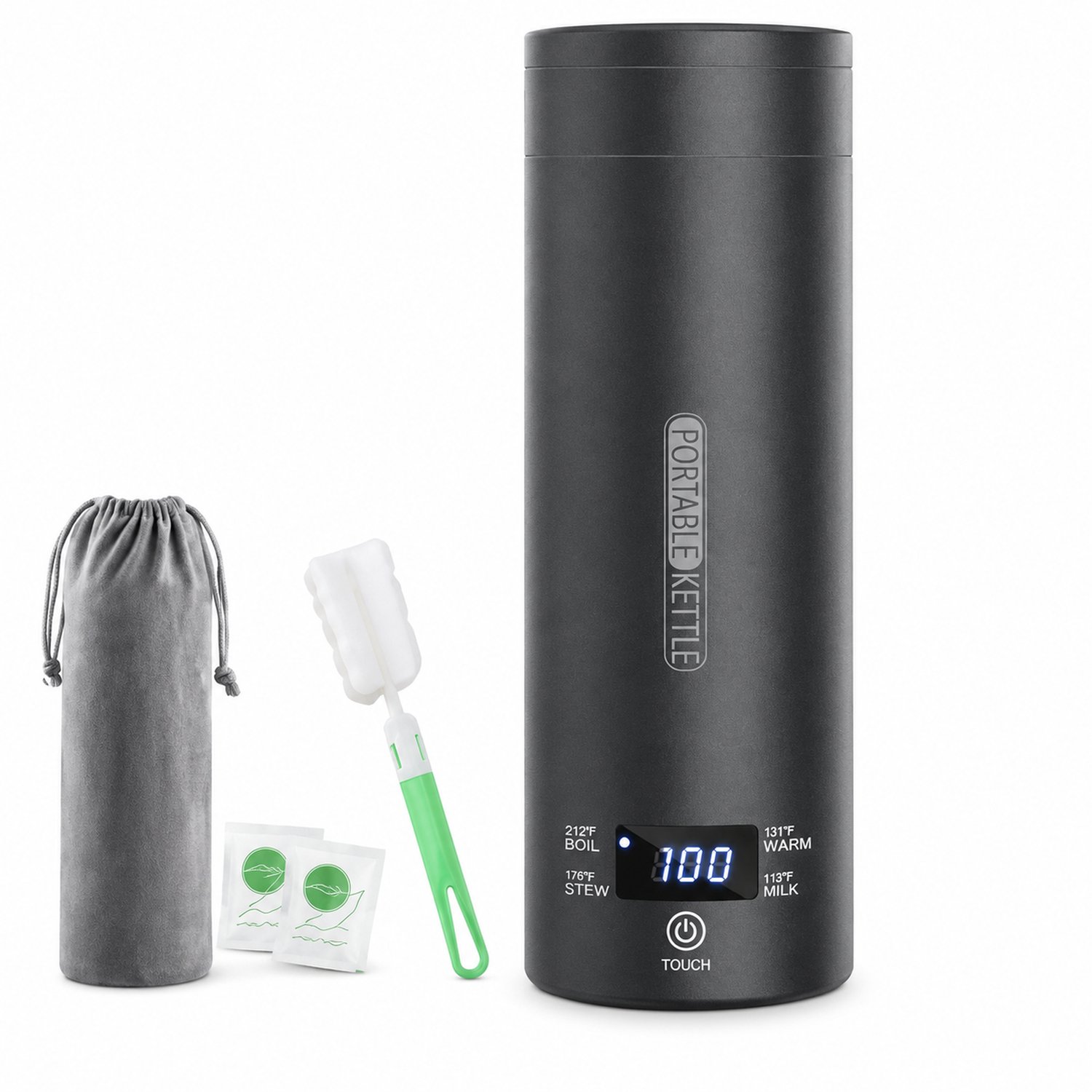 Zwarte elektrische waterbeker, 500 ml, 220 V, 304-rvs binnenreservoir, lcd-temperatuurweergave, 4 temperatuurstanden, afdichtend deksel en accessoires