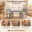 Grijze kindertafelset getoond in verschillende speelsituaties zoals tekenen, bouwen en samen spelen.