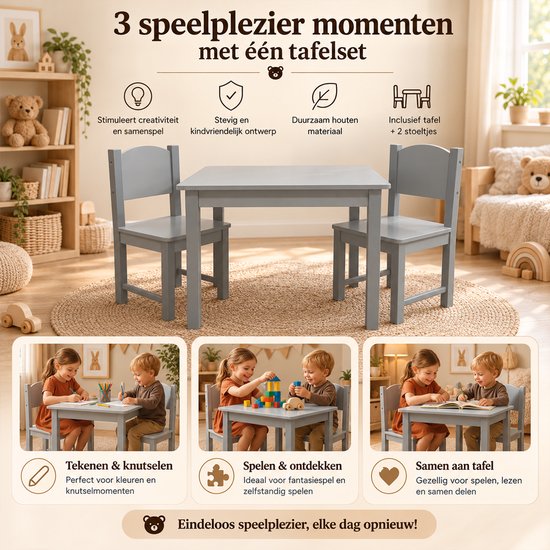Grijze kindertafelset getoond in verschillende speelsituaties zoals tekenen, bouwen en samen spelen.