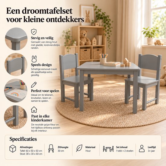 Grijze houten kindertafel met twee stoeltjes op een rond vloerkleed, inclusief specificaties en kenmerken.