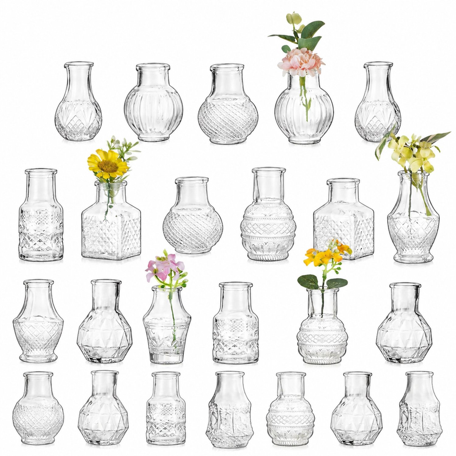 SWGOTA Transparante glazen minivaasjes met reliëf - set van 20 in 10 modellen - voor kunstbloemen en tafeldecoratie - in kartonnen doos
