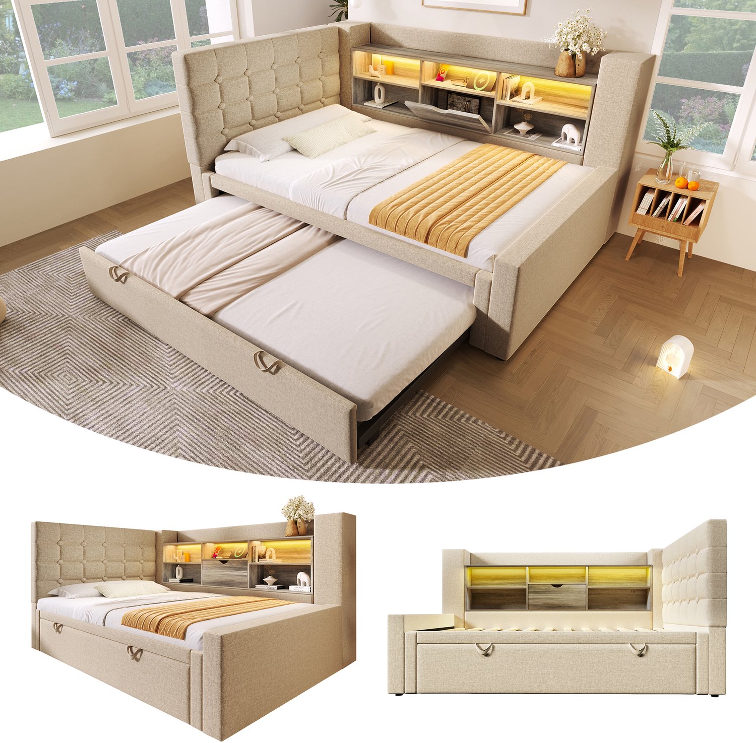 Clruro Gestoffeerde Bank - 90x200 cm - met Uitschuifbed - L-Vormige Opbergrug en LED - Linnen - Beige