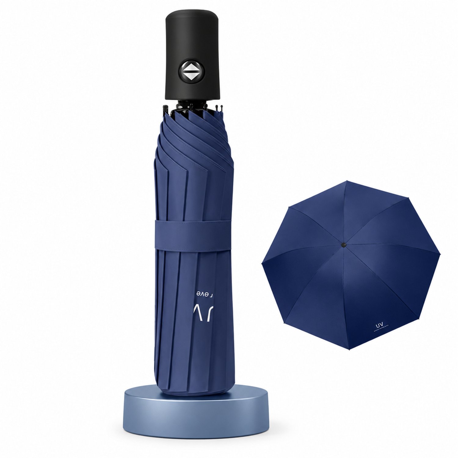 Automatische opvouwbare paraplu, marineblauw, 21 inch, voor 1 persoon, met sluitband