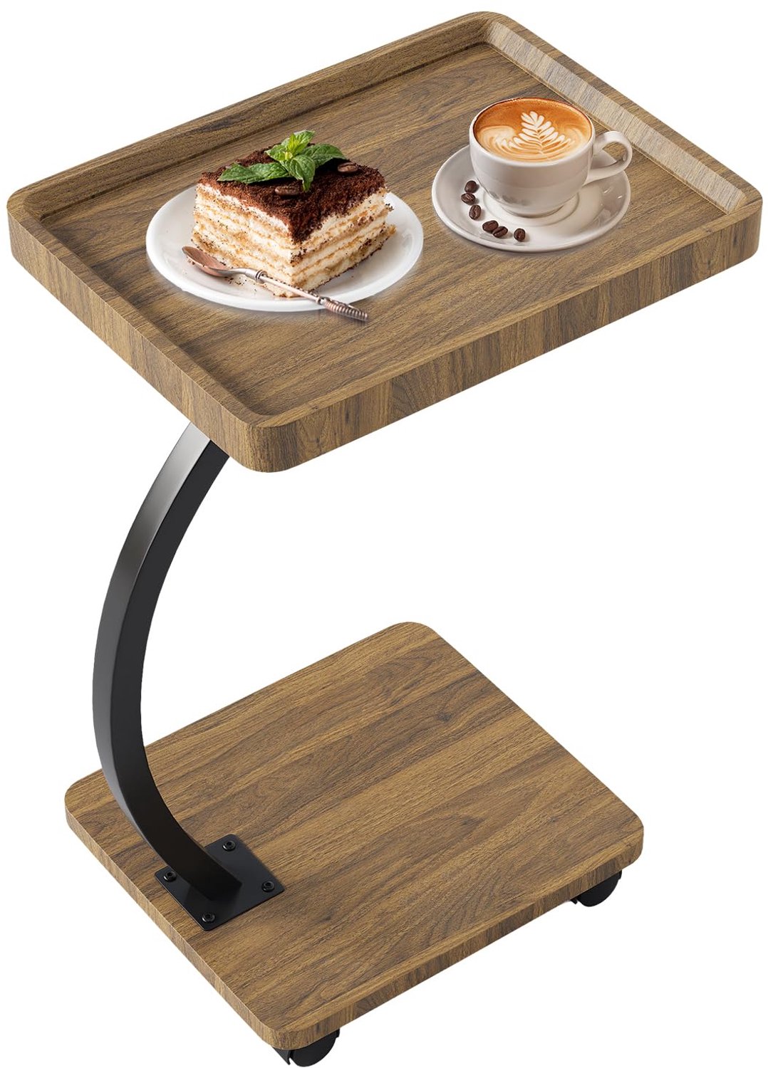 Triumpunpre C-Vormige Salontafel / Bijzettafel op Wielen met 2-Lagen & Hoogte Verstelbaar - Sidetable voor Onder de Bank - Nootenhout Look & RVS Frame - Voor Woonkamer & Slaapkamer Walnoot