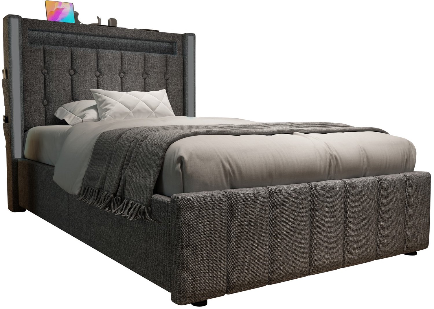 MUVANO Grijs gestoffeerd eenpersoonsbed 90x200 - bed met twee opberglades, usb-c-oplaadfunctie en ledverlichting - linnen bekleding voor slaapkamer
