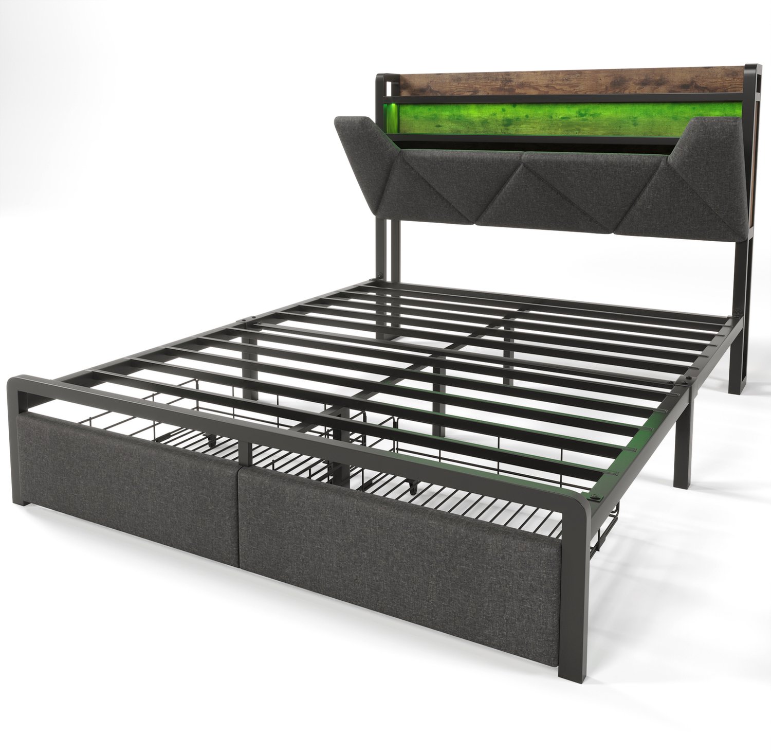 MUVANO Opbergbed 160x200 cm - tweepersoonsbed met opberghoofdbord - USB Type-C en LED - grijs linnen bedframe met metalen lattenbodem, 2 lades