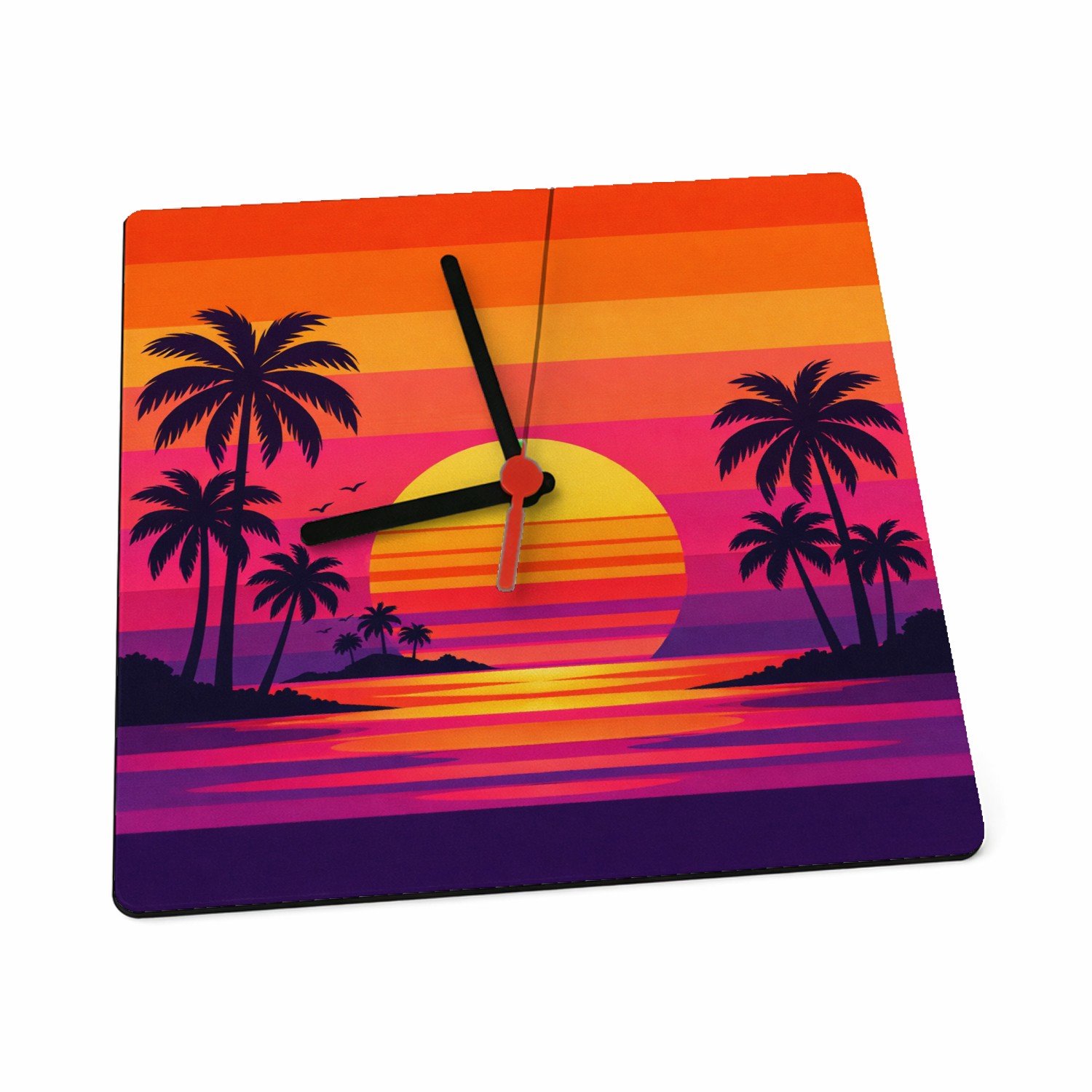 Mr Cadeautjes Klok 19 x 19 - design Retro zonsondergang met palmen | cadeau Wit
