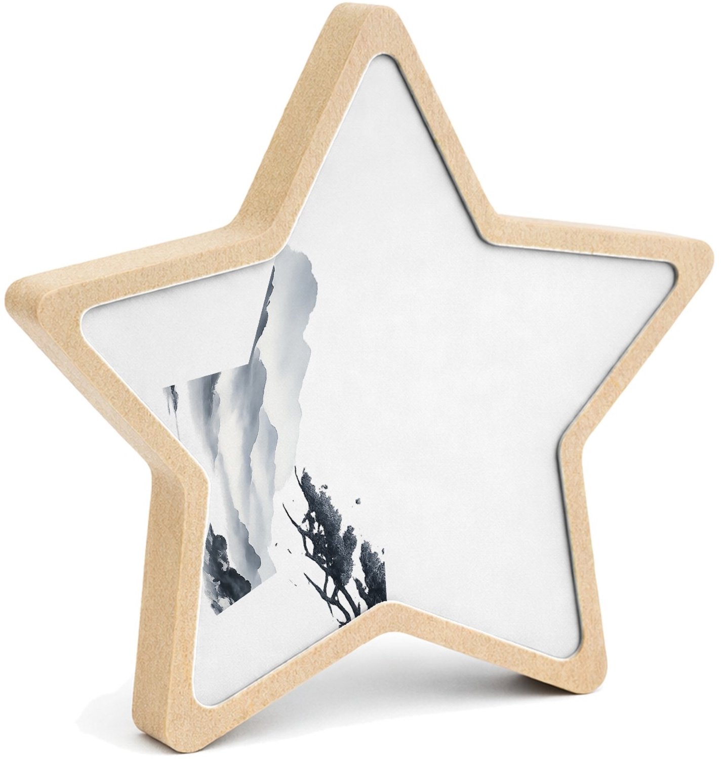 Mr Cadeautjes MDF fotolijst ster 14 x 13,5 - design Elegante bospaadjes in mist met een enkele kromme den als bl | cadeau Wit