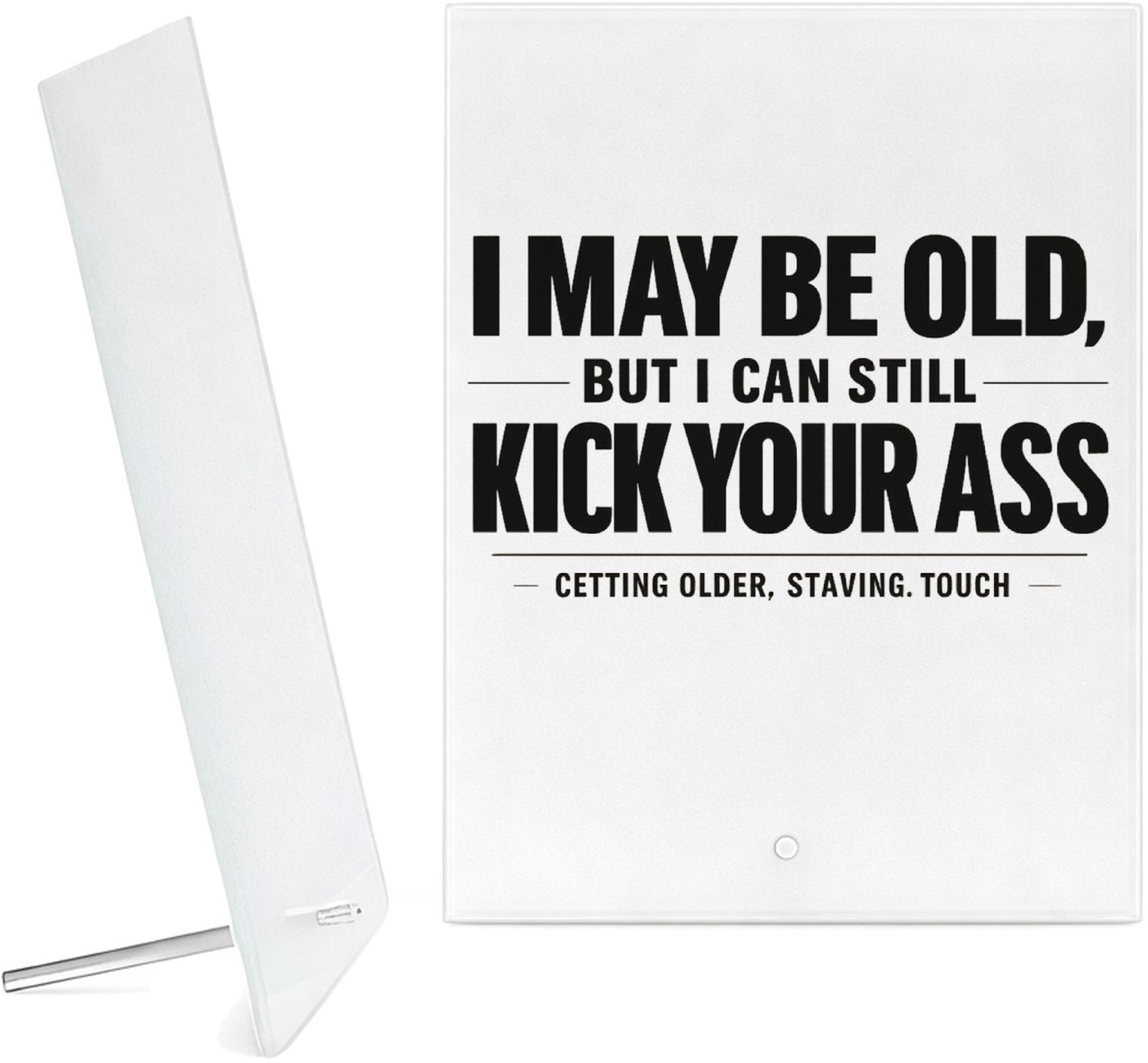 Mr Cadeautjes Glazen fotopaneel Minimalistische verjaardagsstatement met zelfspot over energ - 15 x 20 cm, staand - glas, decoratie, wanddecoratie | cadeau Wit