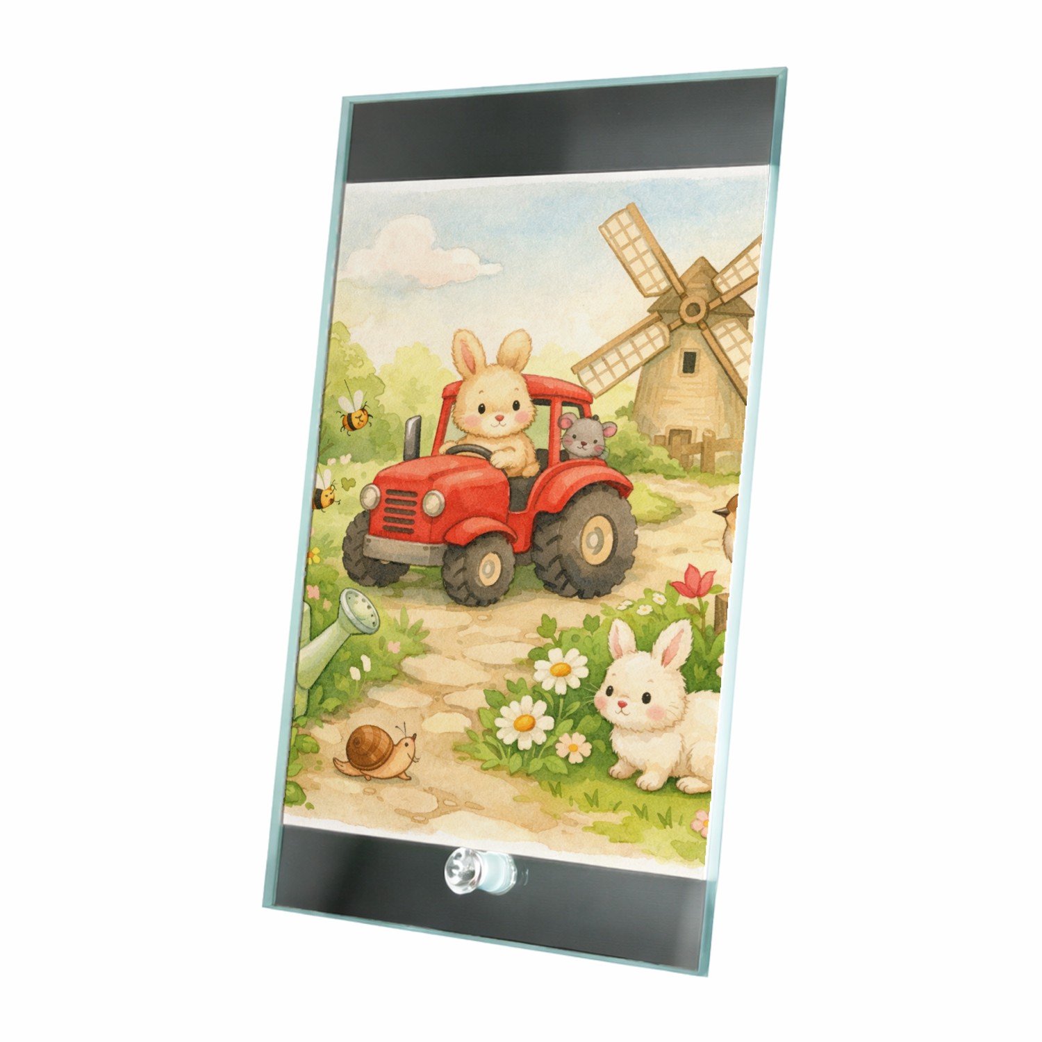 Mr Cadeautjes Glasframe 15 x 23 - design Een vrolijke tuinscène met een gieter, bijen, bloemen en kle | cadeau Wit