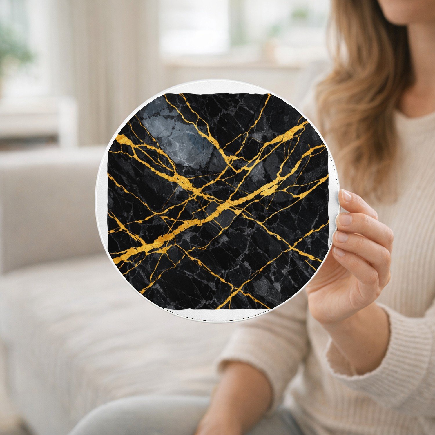 Mr Cadeautjes Tegel rond Ø 20 cm - design Luxe nachtelijke steentextuur met subtiele botanische glans | cadeau Wit