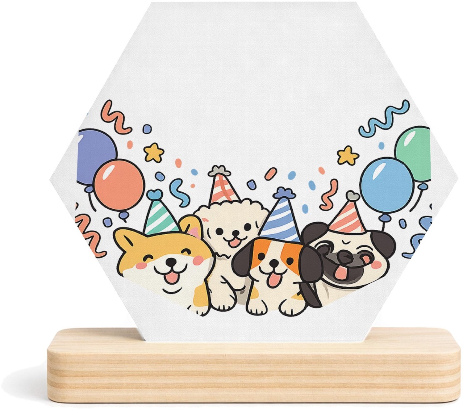 Mr Cadeautjes MDF fotolijst/inleg hexagon 14 x 13 - design Feestelijke hondenparty met een persoonlijke leeftijdsboodsc | cadeau Wit
