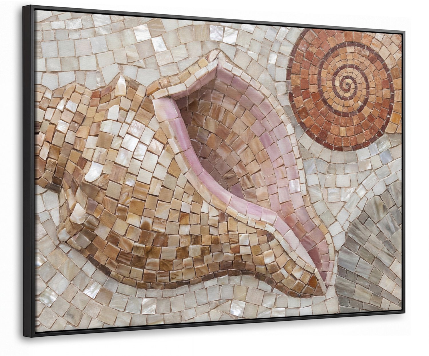 Canvas Schilderij met Baklijst 70x50cm - Schelp - Mozaïek - Zee - Beige - Modern - Muurdecoratie woonkamer - Slaapkamer decoratie - Kamer accessoires - Schilderijen op canvas met lijst
