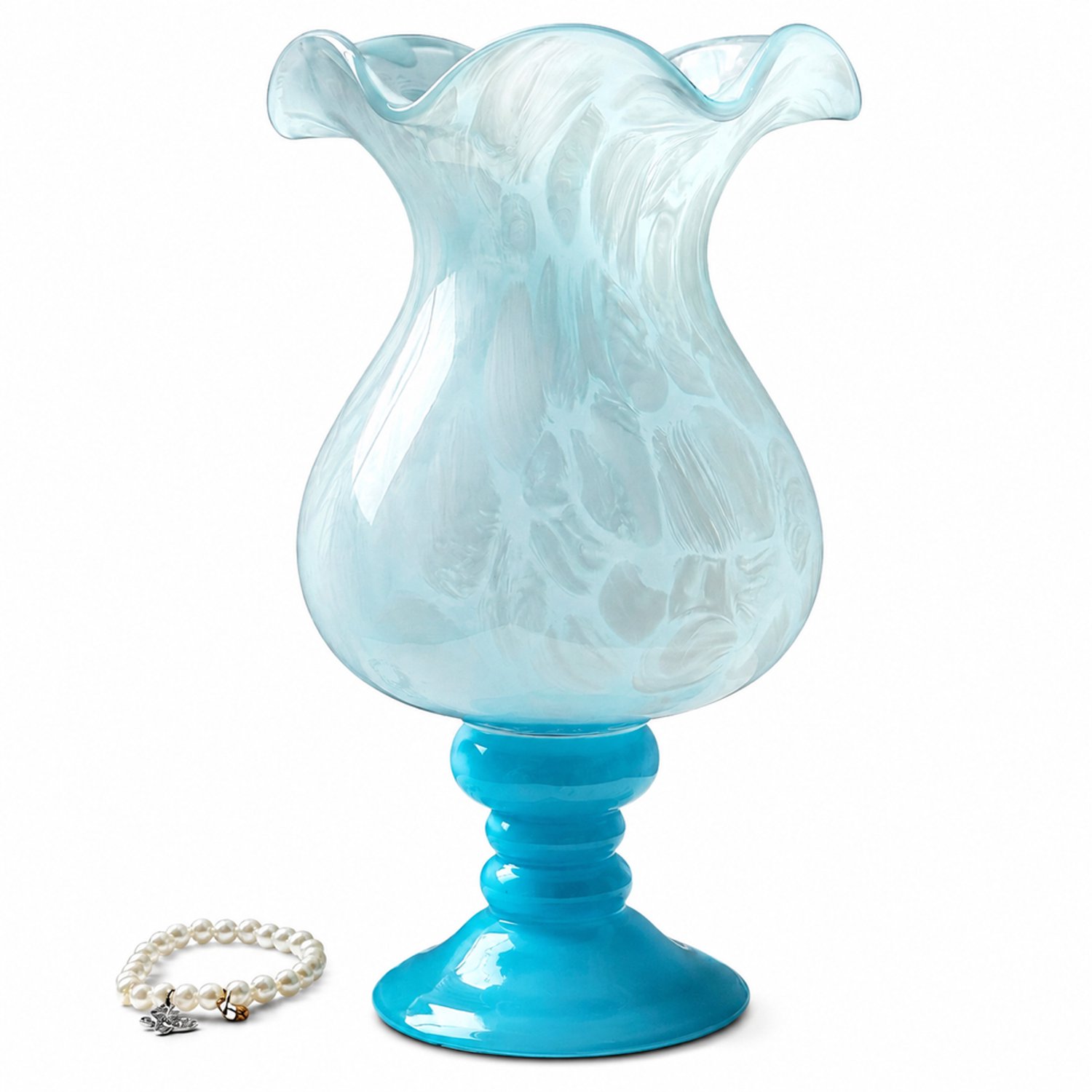 SWGOTA Blauw-witte vaas van 29 cm hoog met golvende rand en decoratieve voet, voor bloemschikken, in kartonnen doos