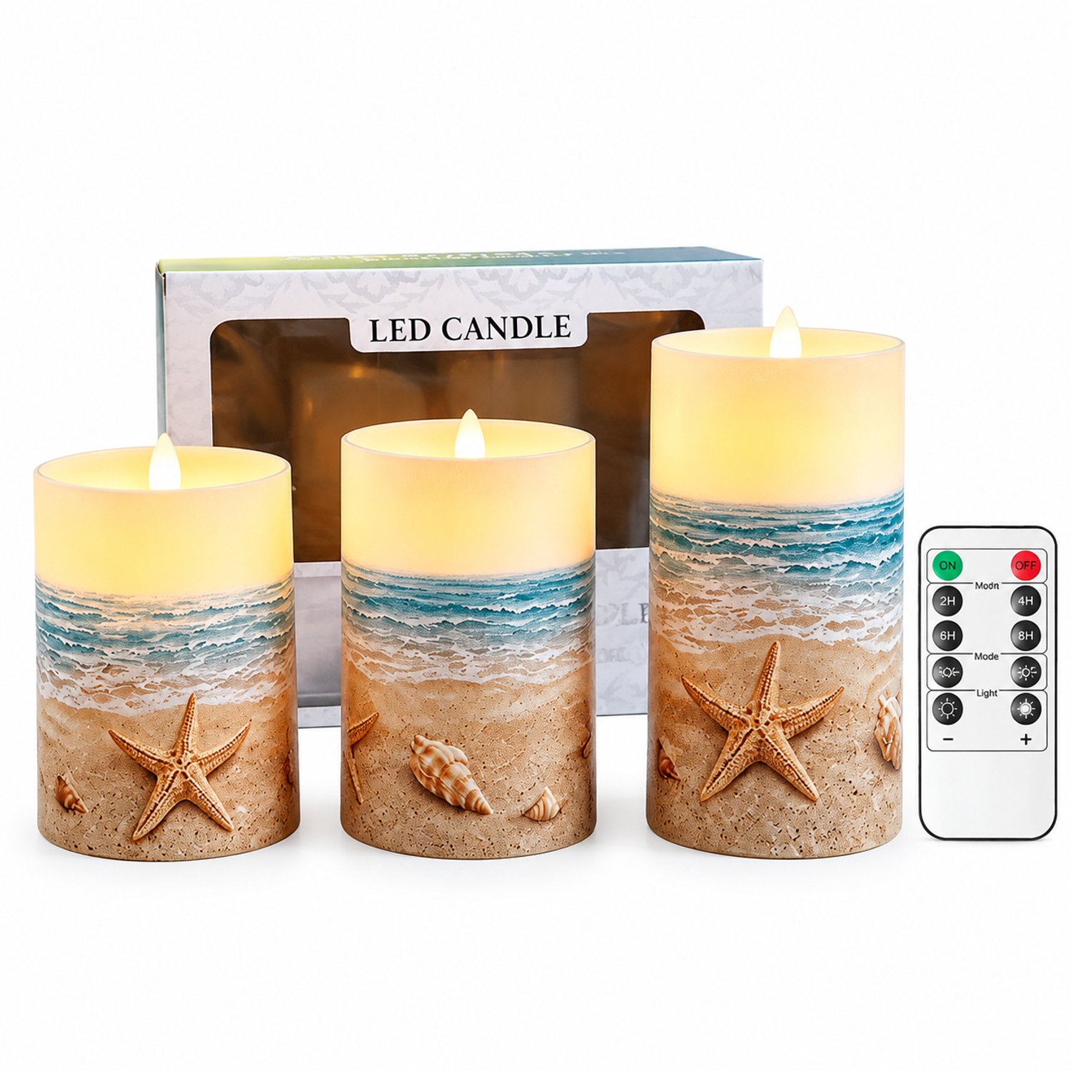 SWGOTA led kaarsen set van 3 met strandmotief, puntvormige vlam en warm licht, inclusief afstandsbediening, in bedrukte doos Blauw
