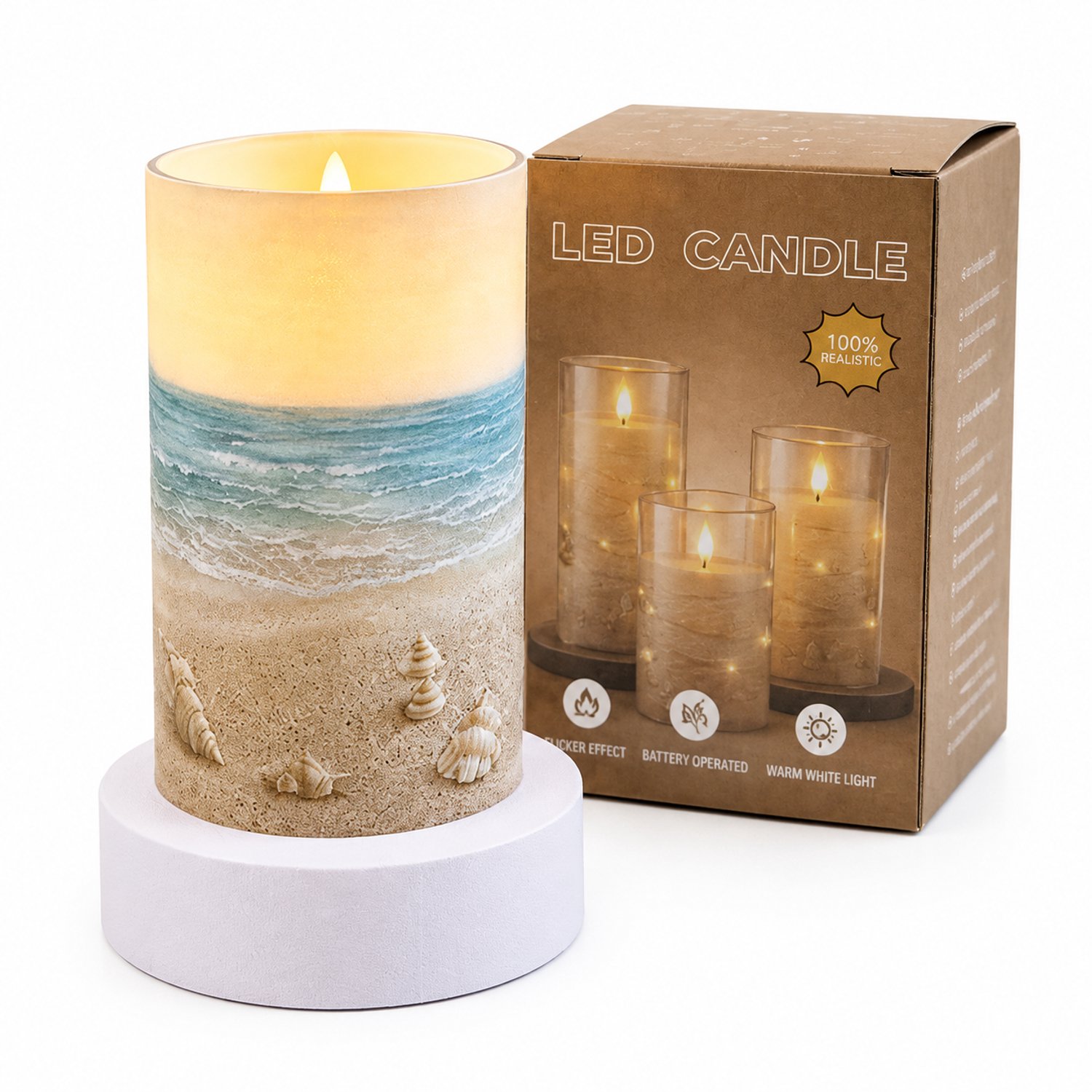 SWGOTA led kaarsen - 1 kaars met bewegende vlam, strandmotief, 7,5 x 12,5 cm, warm licht, zonder batterijen Blauw