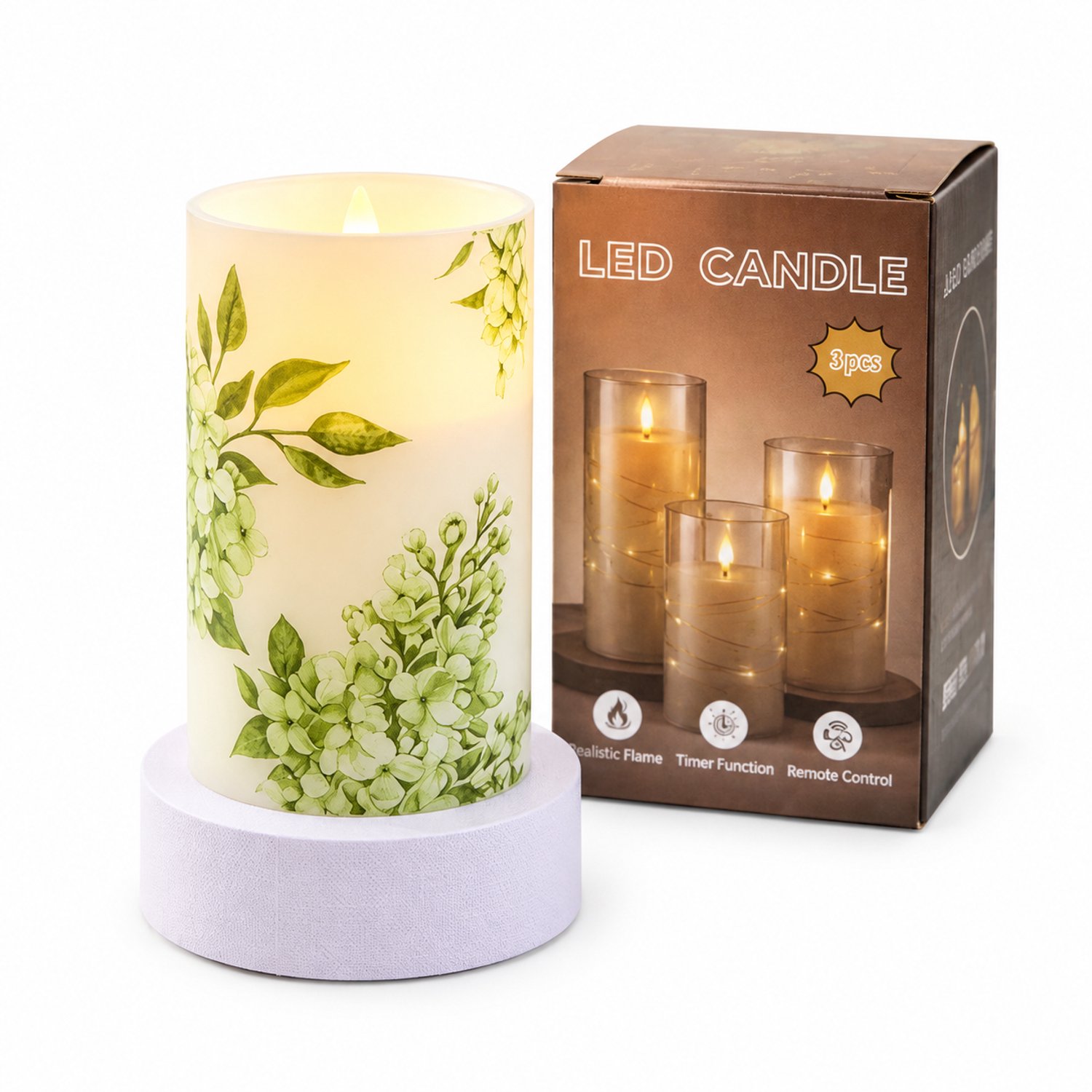SWGOTA Led kaarsen: oplaadbare LED-kaars van kunststof, 7,5 x 12,5 cm, met bloemenprint en warm licht voor binnen Wit