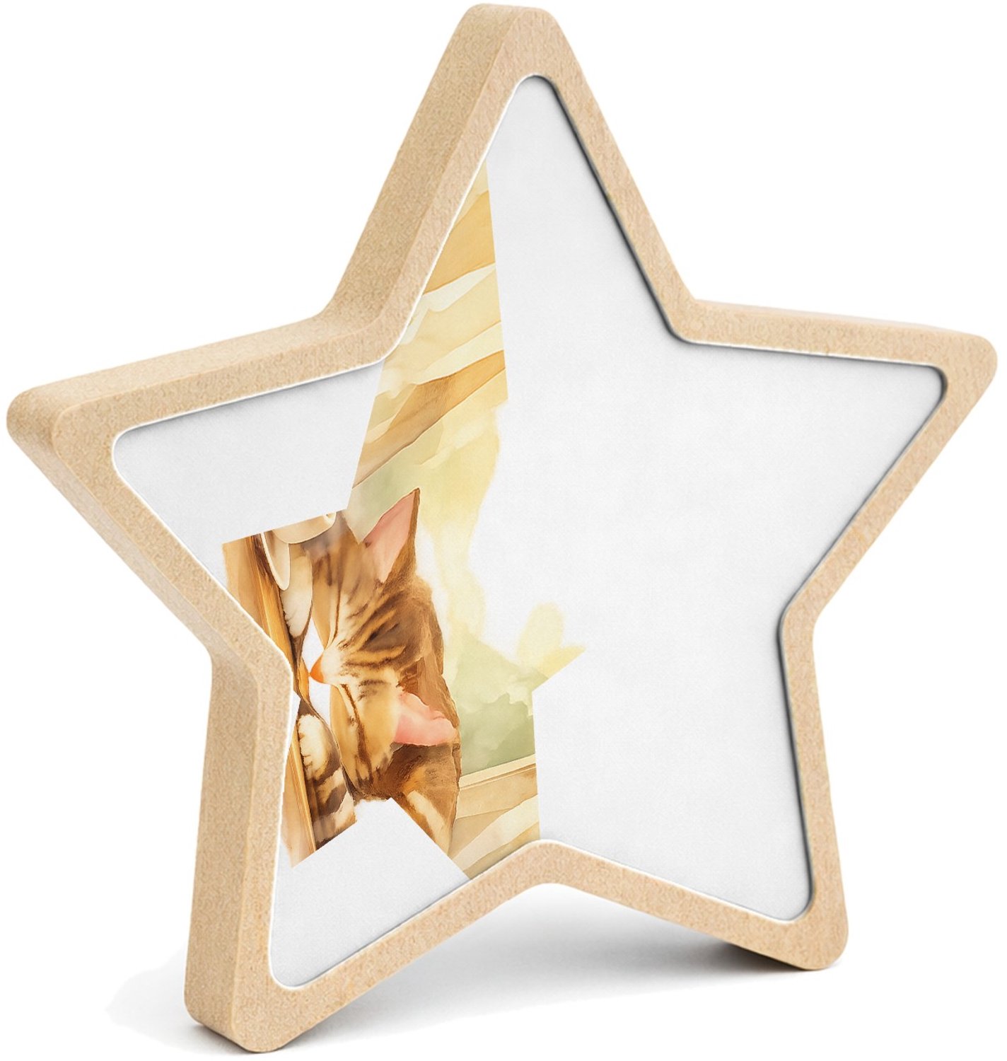 Mr Cadeautjes MDF fotolijst ster 14 x 13,5 - design Een slapende kat op een vensterbank met een kopje thee en za | cadeau Wit