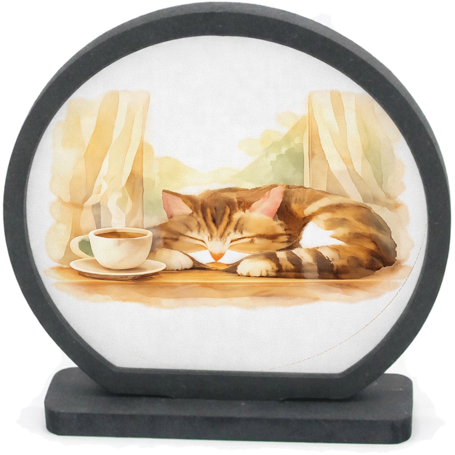 Mr Cadeautjes Houten fotolijst rond met MDF inleg - design Een slapende kat op een vensterbank met een kopje thee en za | cadeau Wit