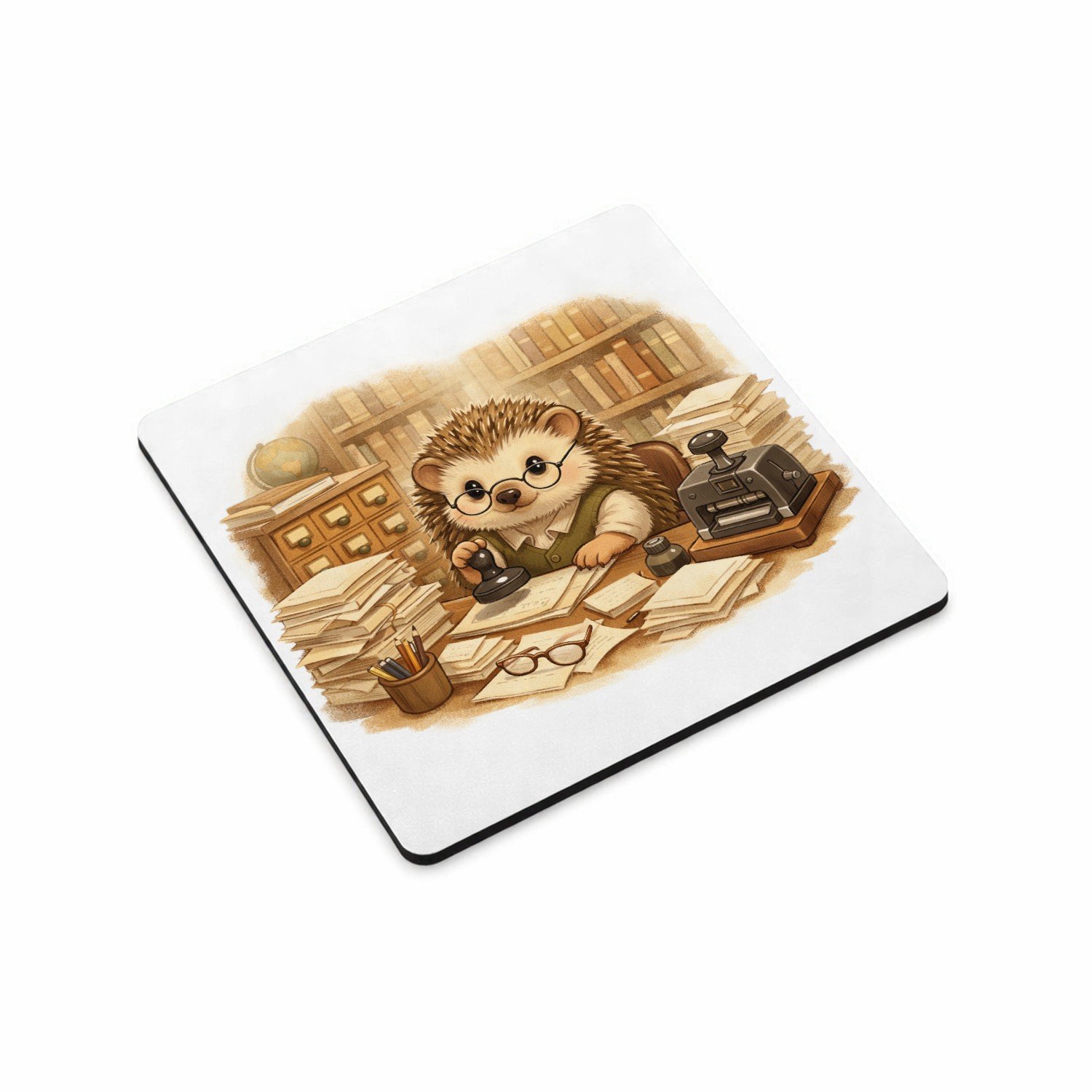 Mr Cadeautjes MDF magnetische fotolijst vierkant 9,5 - design Een egel als bibliothecaris tussen hoge boekenkasten, met te | cadeau Wit