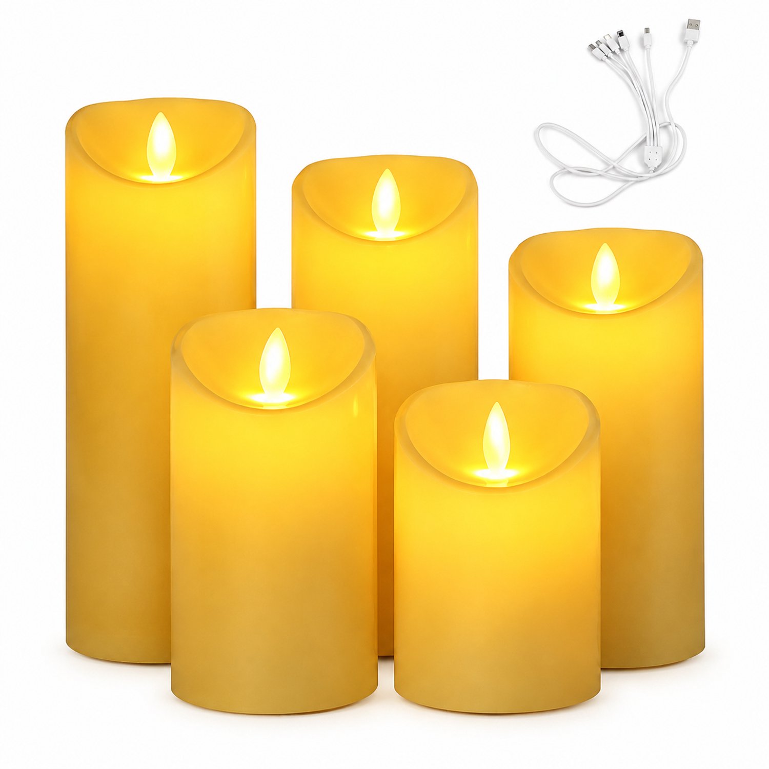 SWGOTA led kaarsen, oplaadbare set van 5 met schuine bovenrand en vlamvorm, warm decoratief licht, inclusief laadkabel met meerdere aansluitingen Wit