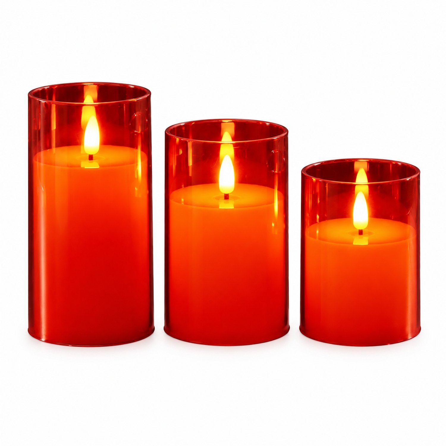 SWGOTA led kaarsen set van 3 - Rood, transparante cilindervormige kap, warmgeel licht - Diameter 7,5 cm, hoogtes 10/12,5/15 cm