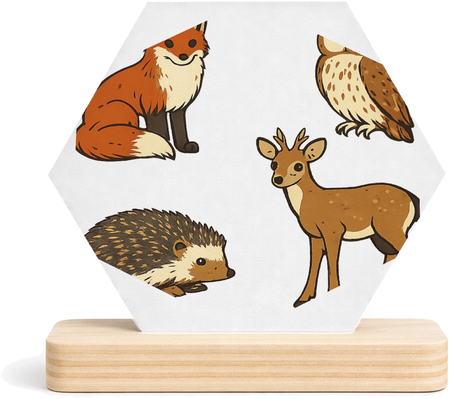 Mr Cadeautjes MDF fotolijst/inleg hexagon 14 x 13 - design Een set van vier bosdieren in een vergelijkbare educatieve v | cadeau Wit