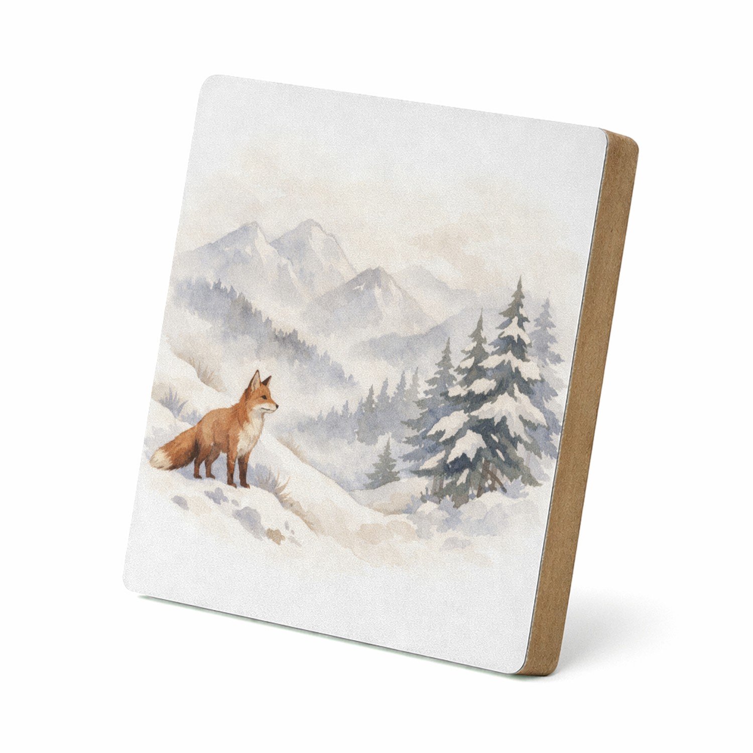 Mr Cadeautjes MDF staande fotolijst 15,2 x 15,2 - design Een bergwinter-scène met een vos die op een besneeuwde helli | cadeau Wit
