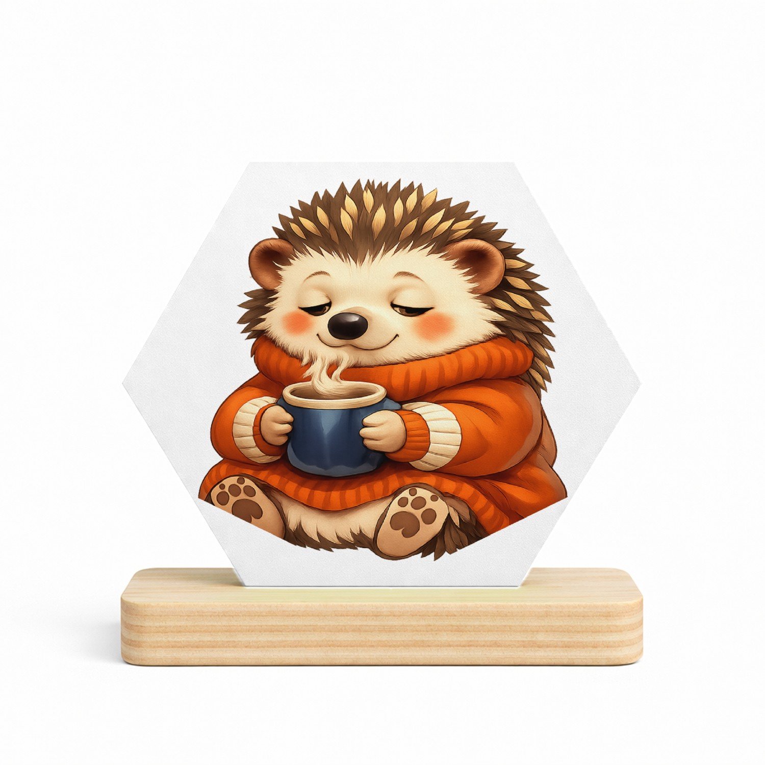 Mr Cadeautjes MDF fotolijst/inleg hexagon 14 x 13 - design Een slaperige egel in een oversized trui met een warme drank | cadeau Wit
